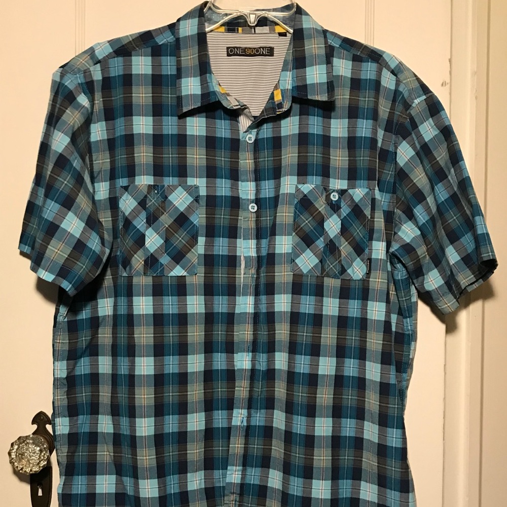 Blue plaid shirt - super hip!
